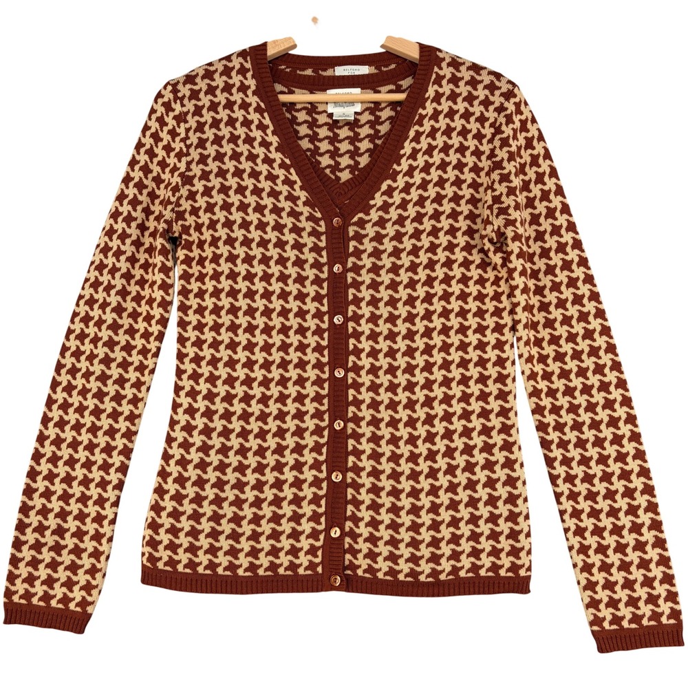 Vtg Belford for Neiman Marcus Silk Twinset Brown Tan Houndstooth Cardigan Set S